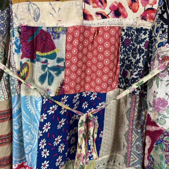 Gypsy Patchwork Peasant Boho Blouse Long Sleeve Tie Neck Multicolor Womens M/L - Picture 9 of 9